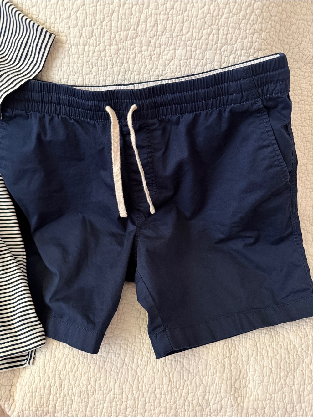 J. Crew Navy Drawstring Flat Front Shorts with White Cord and Navy Striped Polo - Picture 4 of 5
